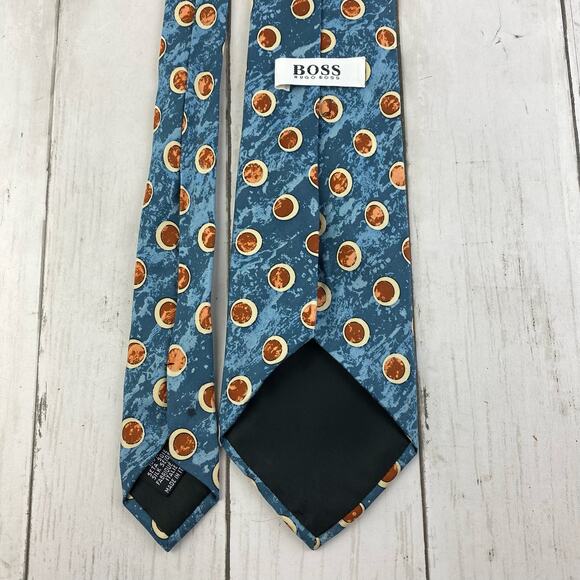 HUGO BOSS Blue Yellow Retro Full Moon Printed Silk Tie 3.5" Wide Made in Italy - Picture 3 of 7